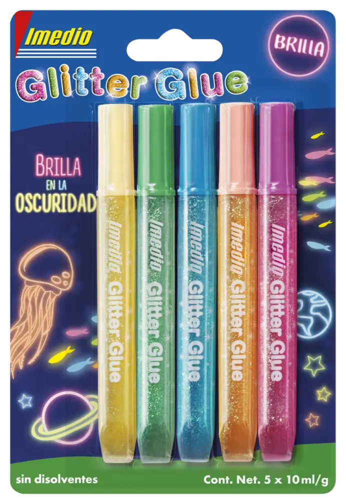 8710439304489-Article-pack-shot-front-straight-en-190-Imedio-5x10ml-Spanish-ImedioGlitterGlueBrillaenlaoscuridad5x10ml