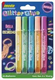 8710439304489-Article-pack-shot-front-straight-en-190-Imedio-5x10ml-Spanish-ImedioGlitterGlueBrillaenlaoscuridad5x10ml