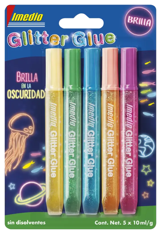 8710439304489-Article-pack-shot-front-straight-en-190-Imedio-5x10ml-Spanish-ImedioGlitterGlueBrillaenlaoscuridad5x10ml